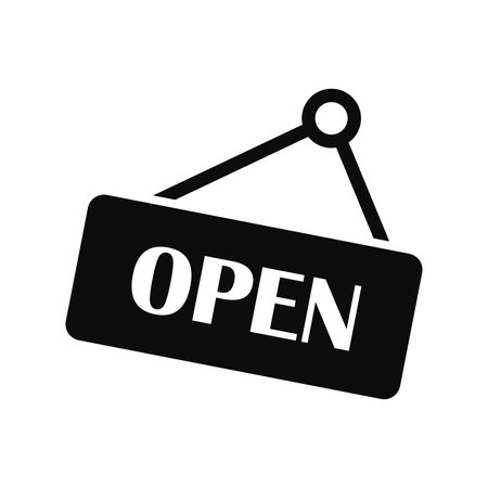 Open sign icon in flat style. Signboard vector illustration on isolated background. Welcome banner sign business concept.のイラスト素材