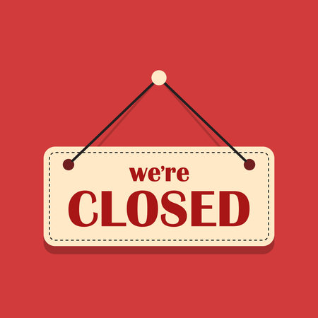 Sorry we are closed sign icon in flat style. Signboard vector illustration on isolated background. Welcome banner sign business concept.のイラスト素材