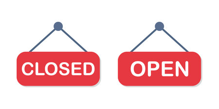 Open and closed sign icon in flat style. Signboard vector illustration on isolated background. Welcome banner sign business concept.のイラスト素材
