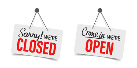 Open and closed sign icon in flat style. Signboard vector illustration on isolated background. Welcome banner sign business concept.のイラスト素材