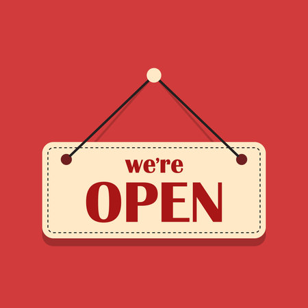 Open sign icon in flat style. Signboard vector illustration on isolated background. Welcome banner sign business concept.のイラスト素材