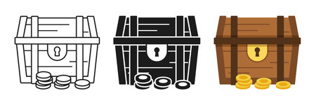 Treasure chest icon set collection in flat style. Money box vector illustration on isolated background. Financial container sign business concept.のイラスト素材