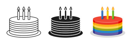 Happy birthday cake icon set collection in flat style. Pie with candles vector illustration on...