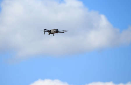drone flies over the city