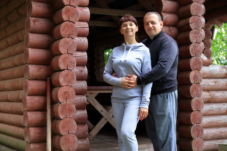 couple on vacation in a forest houseの写真素材