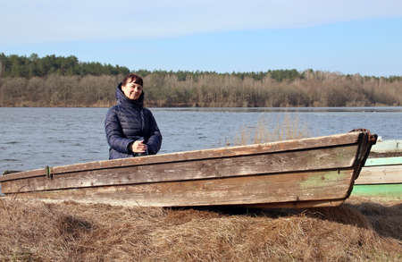 Portrait of a woman in a boatの写真素材