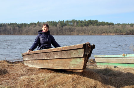 Portrait of a woman in a boatの写真素材