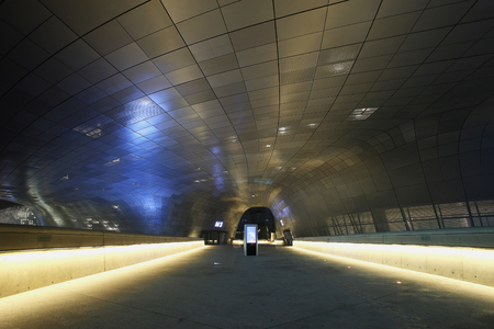 SEOUL, SOUTH KOREA - August 13, 2014: Dongdaemun Design Plaza at Night, New development in Seoul, designed by Zaha Hadid. Photo takenAugust 13, 2014 in Seoul, South Korea.のeditorial素材