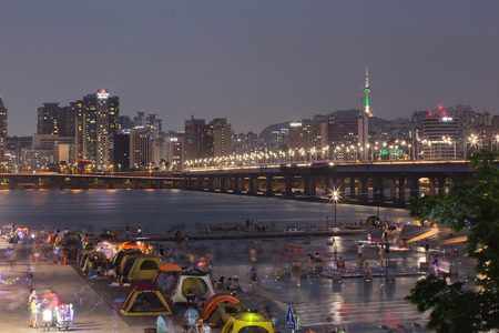 SEOUL, SOUTH KOREA - AUGUST 15: Yeouido Hangang Park at Night in the summer Photo taken on AUGUST15, 2016  in Seoul,South Koreaのeditorial素材