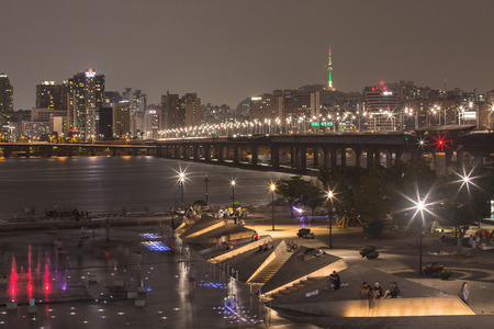 SEOUL, SOUTH KOREA - AUGUST15: Yeouido Hangang Park at Night in the summer Photo taken on AUGUST15, 2016  in Seoul,South Koreaのeditorial素材