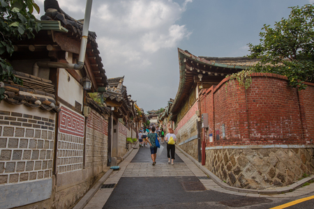 SEOUL, SOUTH KOREA - AUGUST 16: Traditional Korean style architecture at Bukchon Hanok Village Photo taken on August 16, 2016 in Seoul, South Korea.のeditorial素材