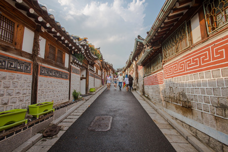 SEOUL, SOUTH KOREA - AUGUST 16: Traditional Korean style architecture at Bukchon Hanok Village Photo taken on August 16, 2016 in Seoul, South Korea.のeditorial素材