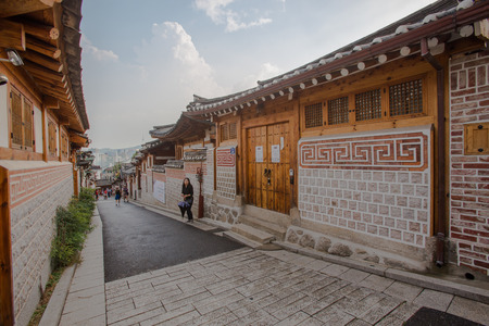 SEOUL, SOUTH KOREA - AUGUST 16: Traditional Korean style architecture at Bukchon Hanok Village Photo taken on August 16, 2016 in Seoul, South Korea.のeditorial素材