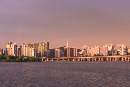 Sunset Seoul city and han river in South Korea.の写真素材
