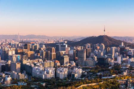 Seoul South Korea City Skyline at night with seoul tower.の写真素材