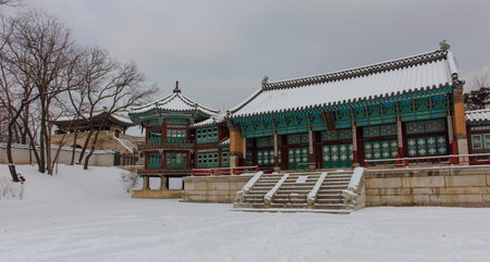 Snow Winter at  Gyeongbokgung Palace in Seoul,South Korea.のeditorial素材