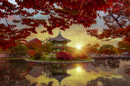 Hyangwonjeong Pavilion,Gyeongbokgung Palace in Autumn season Seoul,South Korea.のeditorial素材