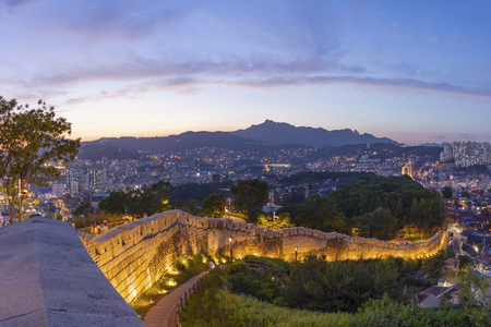 Seoul City Skyline Location at Naksan Park with Ancient Walls in Seoul South Koreaのeditorial素材