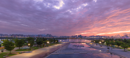 Han river Seoul city with seoul tower at.Yeouido in Seoul, South Korea.のeditorial素材