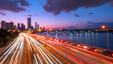 Traffic at Sunset of Seoul City South Korea