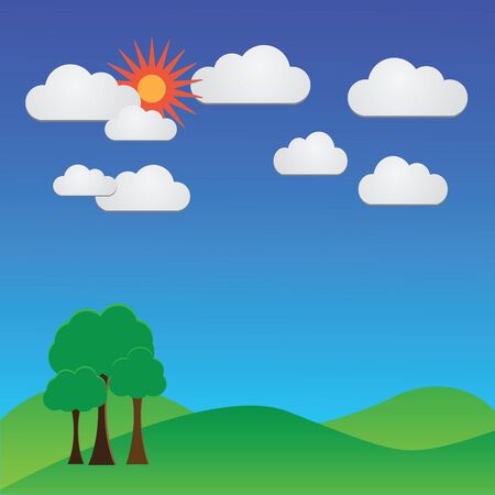 Landscape with trees clouds and bright sun. Vector illustrationのイラスト素材