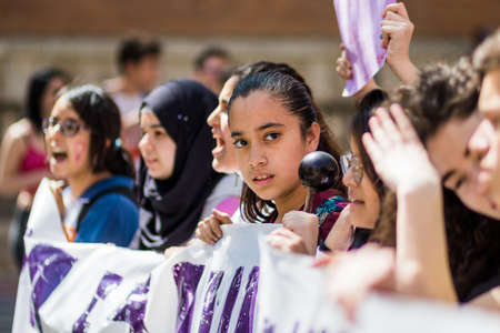 8m Feminist women day march fighting for woman rights in Guadalajara Spain. Demonstration and gender education activismのeditorial素材