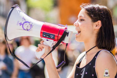 8m Feminist women day march fighting for woman rights in Guadalajara Spain. Demonstration and gender education activismのeditorial素材