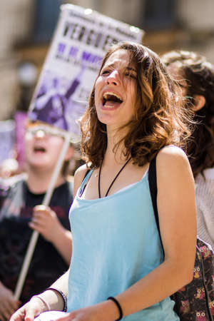 8m Feminist women day march fighting for woman rights in Guadalajara Spain. Demonstration and gender education activismのeditorial素材