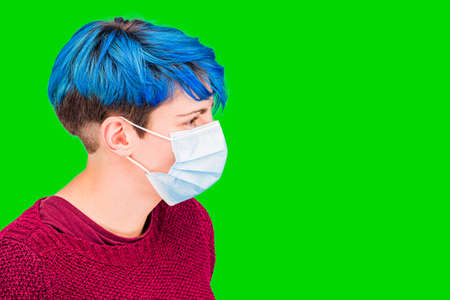 how to put a mask. Woman with virus breath maskの写真素材