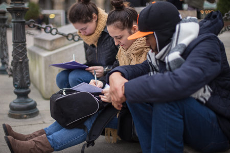 Young university Erasmus students in a multicultural group, friends enjoy together traveling in...