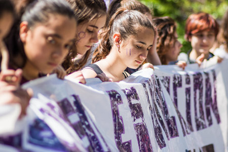 Guadalajara, Spain - 03 10 2018, feminist march celebrating womens day, woman rightsのeditorial素材