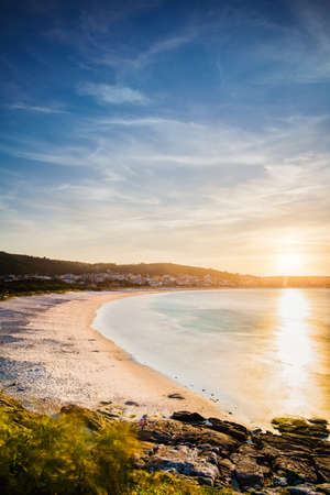 Laxe Beach summer background with copy space of Galician Landscape dusk on the coast. Atlantic ocean sunrise in the death coast nature of Corunnaの写真素材