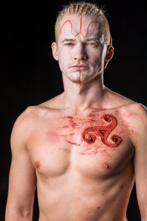 warrior death in halloween origins, traditional Samhain celtic costume celerationの写真素材