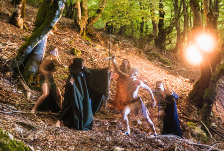 Halloween origin, Celtic Samhain historical reconstruction with makeup and costume portrait horrorの写真素材