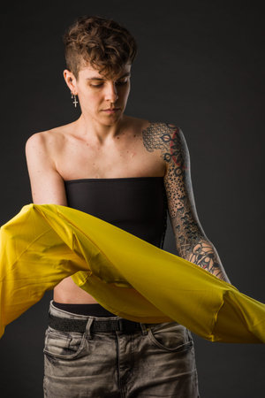 Transgender non-binary tomboy wearing Binder bra for aesthetic. Small breast Self identity problem