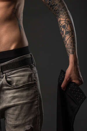 Transgender non-binary tomboy wearing Binder bra for aesthetic. Small breast Self identity problemの写真素材