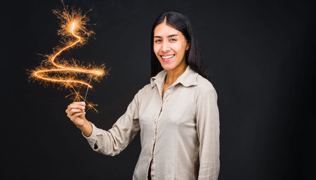 latin young woman celebrate christmas and new year drawing a christmas tree with a sparkler