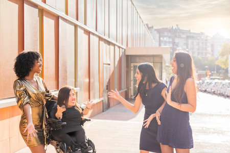 Multiethnic group with wheelchair disabled friend celebrate New Year Eve Party. Dysplasia Healthcare