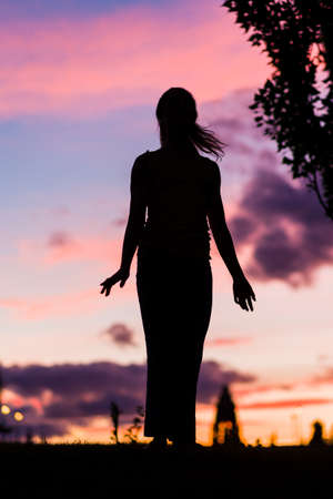 silhouette from a ballet dancer during the dusk or sunset happy positive motion with musicの写真素材