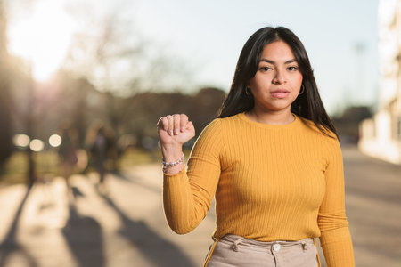 ecuadorian young woman doing the help symbol signal for domestic violence or kidnap gestureの写真素材