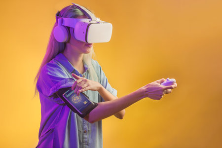 Metaverse virtual reality. woman and technology. futuristic cyberpunk feminism concept. hispanic