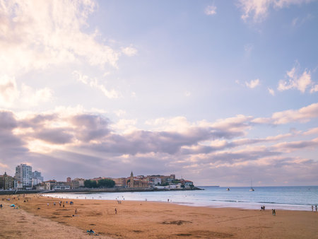 Gijon asturias San lorenzo beach background landmark. Summer Spanish travel sea destination