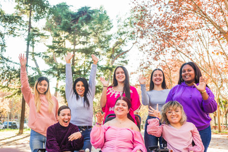 Greeting gesture, multiethnic group with disability cerebral palsy person. International womens day