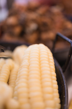 Cusco giant white corn being served during hispanicity day parade. Dia de la hispanidadの写真素材