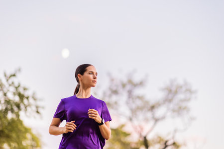 Latin woman running outdoors in madrid, spainの写真素材