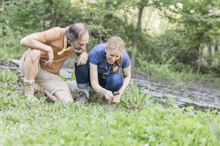Biologists exploring nature with magnifying glass in madridの写真素材