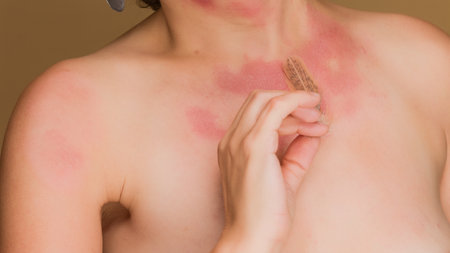 Woman with skin allergy holding feather, unique beauty with immune deficiencyの写真素材