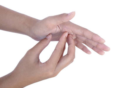 Rub both palm with  fingertips. isolated on white backgroundの写真素材