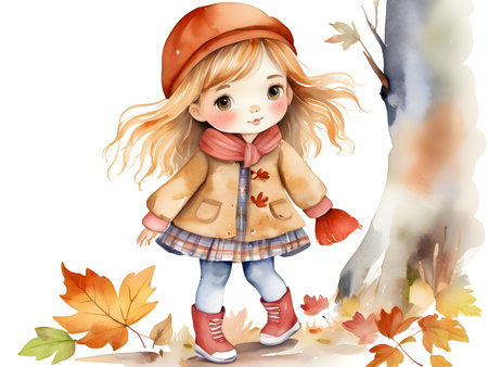 Little girl with red scarf wearing a coat, bright face under big tree in autumn clipart, high quality watercolor clipart, beautiful, full colorの素材