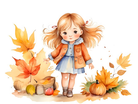 Little girl wears a coat in autumn clip art, Watercolor Clipart, High Quality Beautiful.の素材